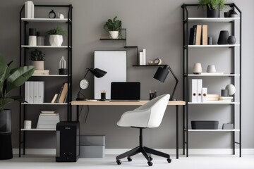 compact and functional home office setup with sleek desk, ergonomic chair and essential accessories, created with generative ai