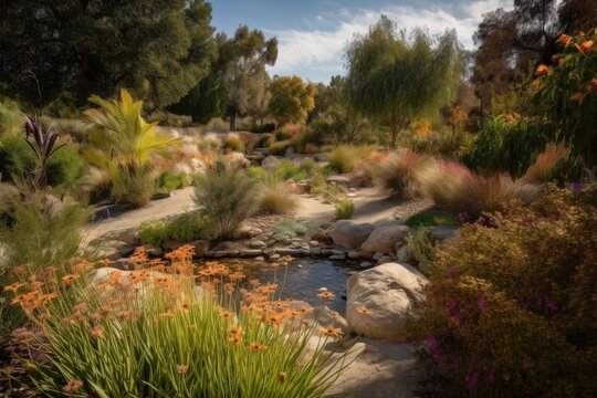 vibrant garden of drought-tolerant and native plants, with a waterfall and pond, created with generative ai