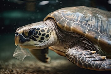 Fototapeta na wymiar a turtle with a plastic bag around its neck, struggling to breathe, created with generative ai