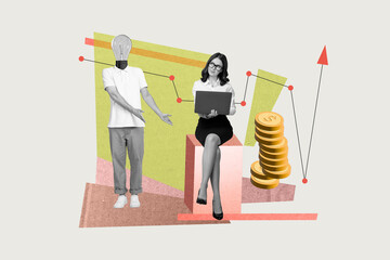 Collage startup project teamwork together coworkers laptop headless man lightbulb electricity...