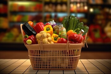 Supermarket grocery shopping basket full of food, no background 