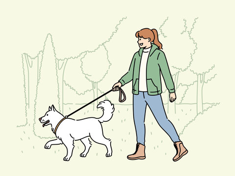 Smiling woman walking with dog on leash in park. Happy girl enjoy walk with puppy in nature. Pet ownership concept. Vector illustration. 