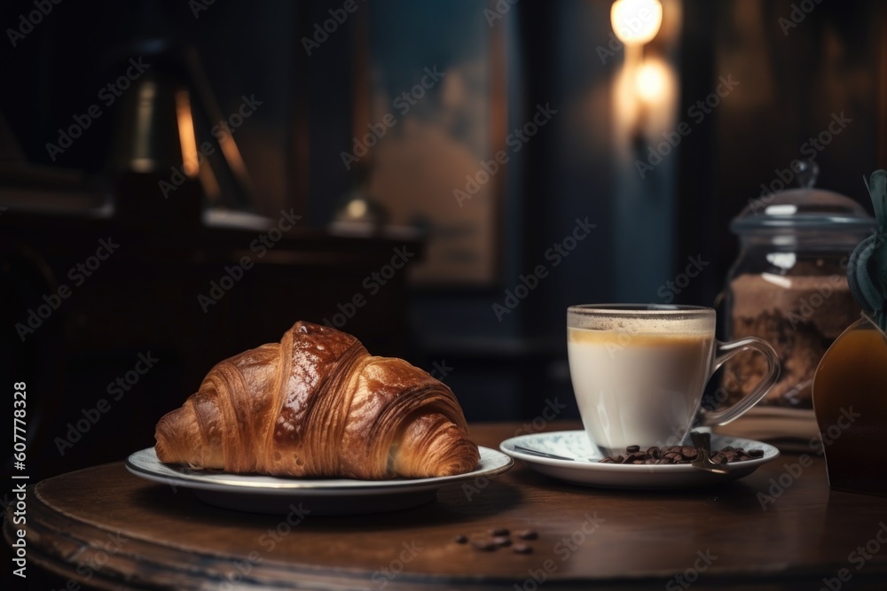 Wall mural cofee break ritual with a latte and croissant in the old-fashioned cafe, created with generative ai