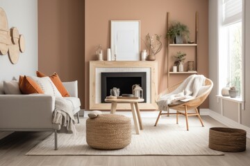 clutter-free living room with cozy fireplace and seating, created with generative ai