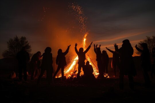 Bonfire Surrounded By The Silhouettes Of People Laughing And Dancing, Created With Generative Ai