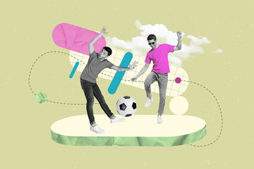 Photo illustration funny collage of two players young men soccer field game kicking ball have fun...