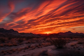 desert with colorful sunset, featuring streaks of red and orange in the sky, created with generative ai
