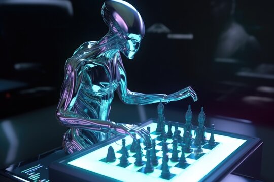 alien playing game of chess on futuristic board with holographic pieces, created with generative ai