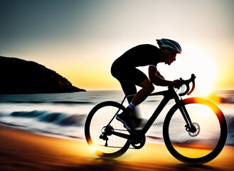 Fototapeta na wymiar one young sporty man riding bicycles on the beach on the background of an orange sunset sky. black Silhouette of alone sportsman. bike racing on sunset ocean, sea background. high speed. generative ai