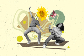 Nature springtime collage design portrait of two people head sunflower fingers pointing partner...