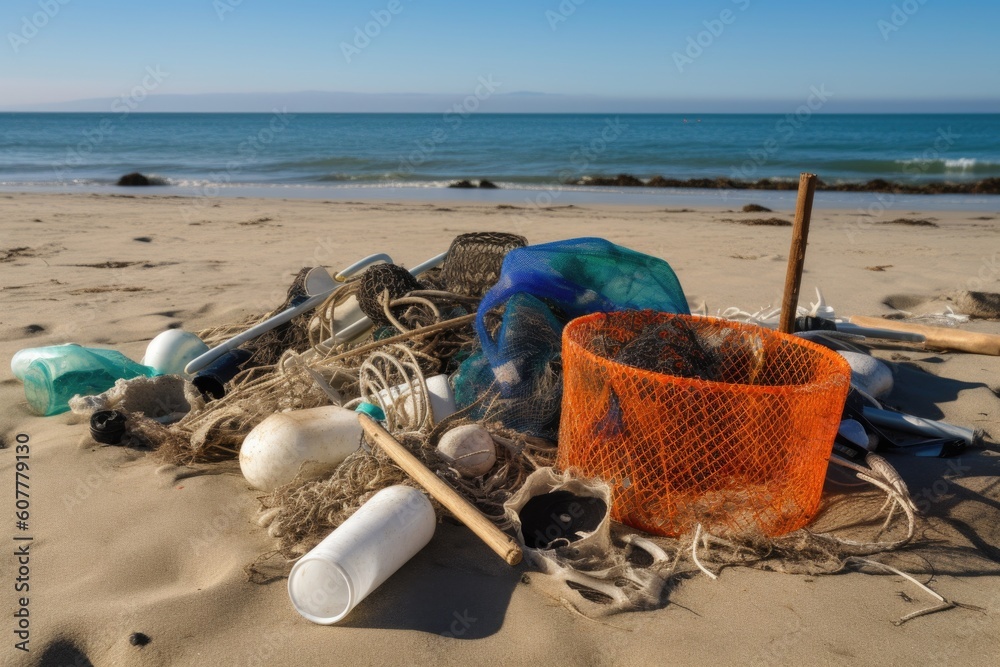 Sticker beach cleanup of debris and trash including bottles, broken glass, and fishing nets, created with generative ai