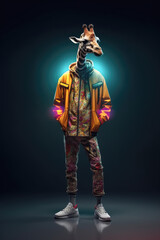 jirafa con cuerpo humano llenado ropa de los años 80, sobre fondo de tonos cyberpunk.  Ilustración de ia generativa