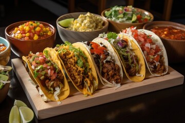 tacos bar serving mix of classic and creative tacos, with a variety of toppings, created with generative ai