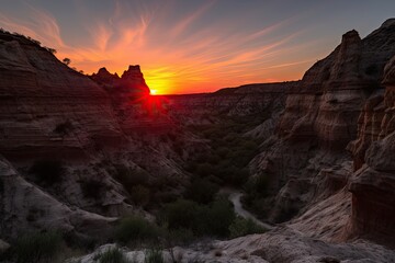 fiery canyon sunset, with a silhouetted rock formation, against the background of the setting sun, created with generative ai