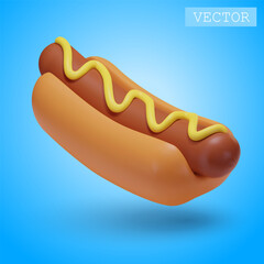 3D rendering of a hot dog with mustard. Fast food. Fatty, unhealthy, unhealthy food. Bright Illustration in cartoon, plastic, clay 3D style. Isolated on a white background.