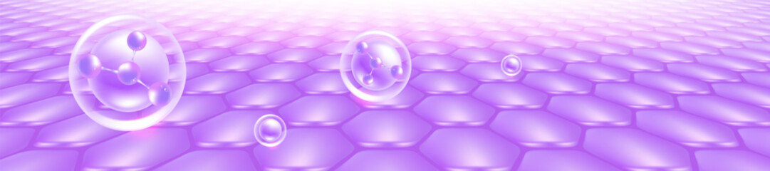 Hyaluronic acid hair and skin solutions ad, purple collagen serum drops over skin cells with cosmetic advertising background ready to use, illustration vector.