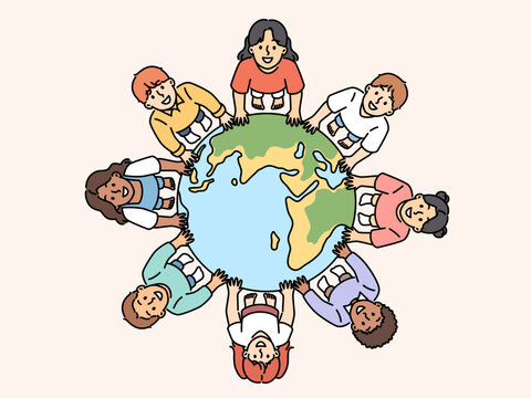 Smiling diverse children standing near globe showing unity and solidarity. Happy kids from around the world near planet earth. Ethnicity and diversity. Vector illustration. 