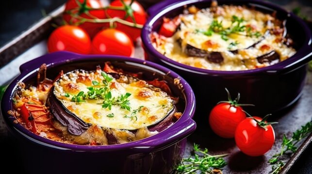 fried eggplant with cherry tomatoes and cheese,baked eggplant - italy, sicily