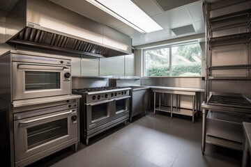 clean, professional kitchen with commercial oven for baking and cooking, created with generative ai