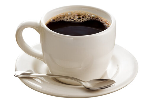 x&iacute;cara branca com caf&eacute; expresso e colher isolado em fundo transparente