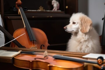 dog playing violin in classical symphony orchestra, with cat on keyboard, created with generative ai
