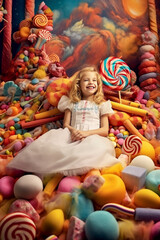 Fototapeta na wymiar A joyful and smiling child in an environment made entirely of sweets and candies - ai generative