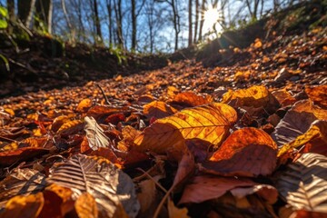 Obraz premium close-up of fallen leaves, with the sun shining through them, created with generative ai