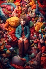 A joyful and smiling child in an environment made entirely of toys and cuddly toys - ai generative