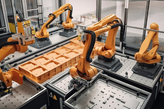 packaging and sorting robots working together to swiftly and efficiently sort large quantities of packages, created with generative ai