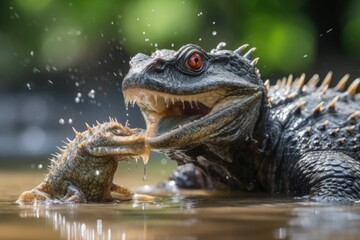 Obraz premium snapping turtle fights off alien with its sharp claws and beak, created with generative ai