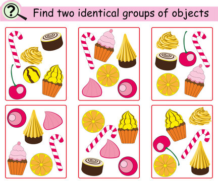 Find two identical groups of objects. Educational logical game for children with cakes, sweets, cupcakes. Vector illustration.