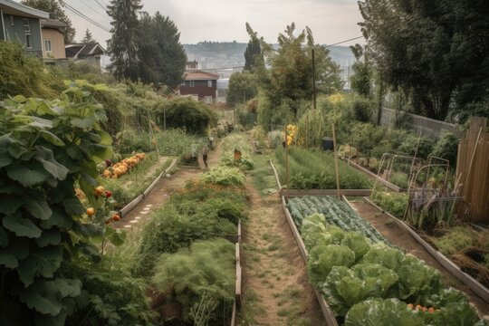 community garden with rows of vegetables and fruits, tended by local residents, created with generative ai