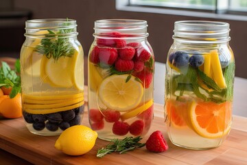 Fototapeta na wymiar refreshing fruit-infused water, with juicy slices of fruits and herbs for added flavor, created with generative ai