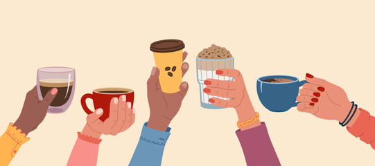 Set of diverse woman hands holding a cups of coffee, espresso or cappuccino. Morning hot drink. Coffee break. Hand drawn vector illustration isolated on light background. Flat cartoon style.