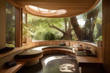Fototapeta premium green retreat with organic and natural finishes, built-in benches, and bonsai trees, created with generative ai