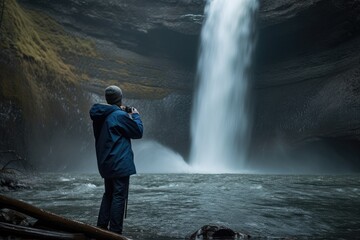 Obraz premium person, capturing the power and beauty of a waterfall, with camera in hand, created with generative ai