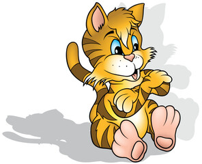 Blue-eyed Orange Kitty with Crossed Paws Sitting on the Ground