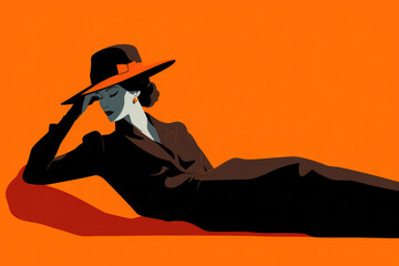 Silhouette of a woman wearing a black hat and laying on her back on a orange screen. Generative AI