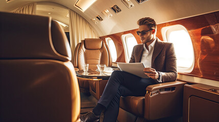 Smiling businessman looking at window in private plane. Business jet interior. Generative AI