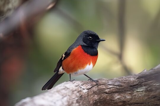 male redstart bird perching on tree branch, with its bright red feathers in full view, created with generative ai