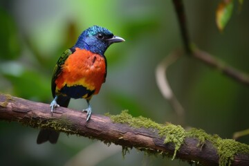 colorful bird perched on branch with view of the forest, created with generative ai