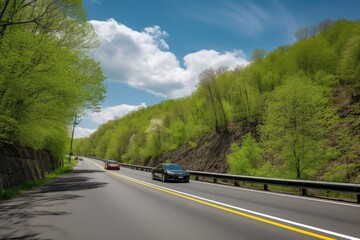 two cars, side by side, on scenic highway, created with generative ai