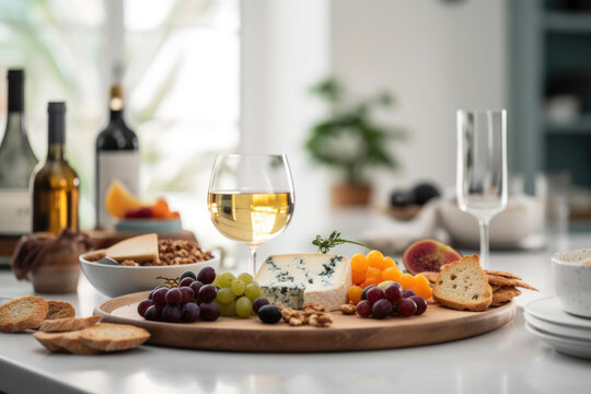 Cheese and Wine Delight in a Light-Filled White Kitchen. Generative AI