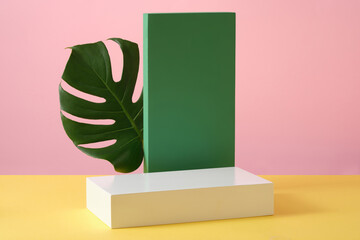 Rectangle podium in white and green colors displayed on a pink background. Vacant space on the...