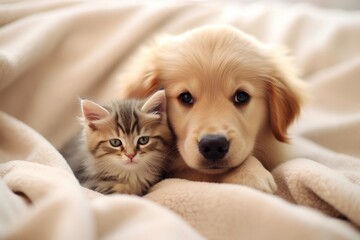 A heartwarming friendship: Puppy and kitten snuggled up together on the bed. AI
