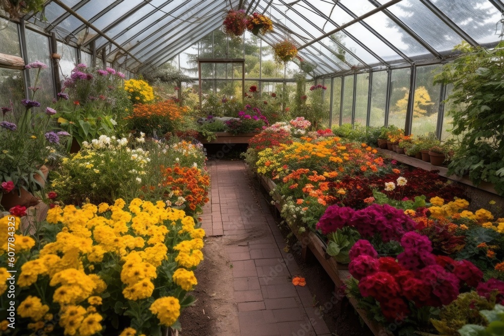 Wall mural greenhouse filled with colorful flowers, surrounded by blooming trees, created with generative ai