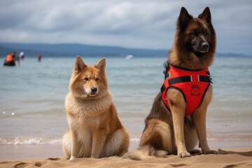 dog and cat lifeguards keeping a watchful eye on the beachgoers, ready to jump into action, created with generative ai