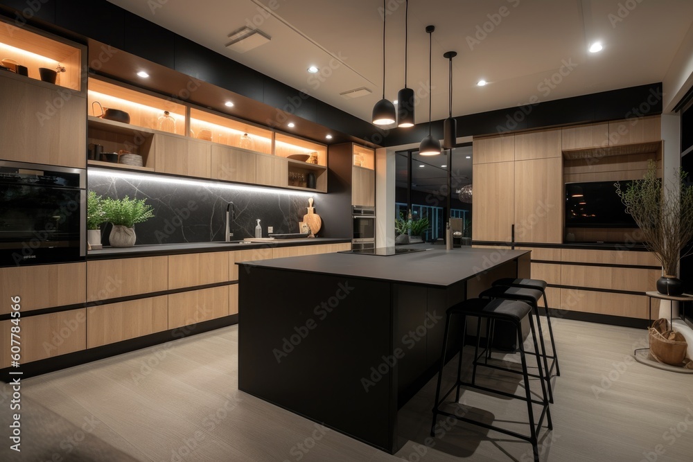 Sticker modern kitchen, with overhead lighting and under-cabinet lights creating a warm and welcoming atmosphere, created with generative ai