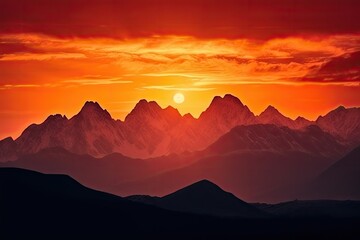 Fototapeta na wymiar majestic mountain range, with fiery sunset in the background and silhouettes of peaks, created with generative ai