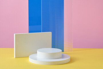 Modern composition of two round podiums and rectangle podium. Blank template design stand on white presentation display backdrop showcase.